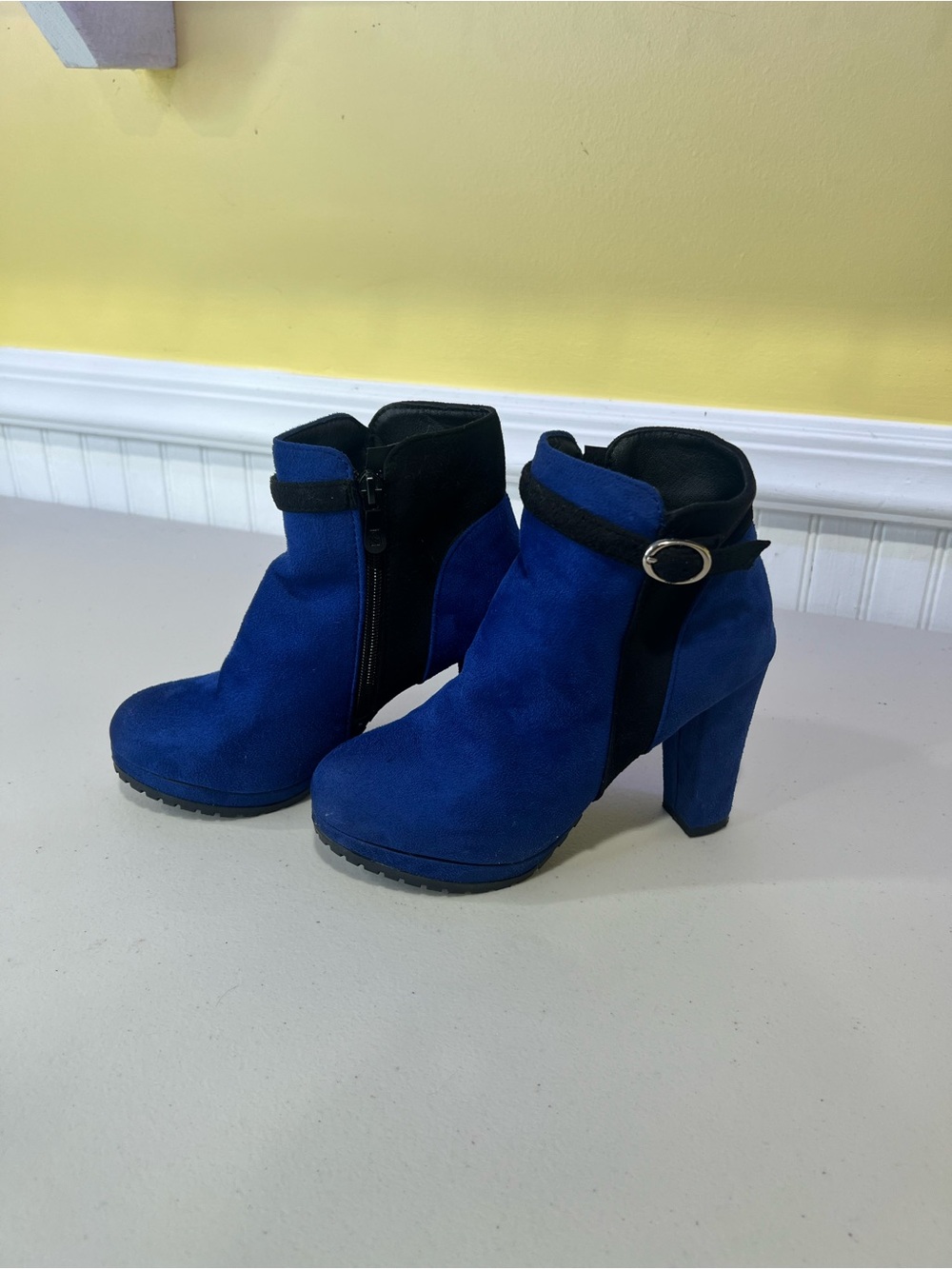 Women's Royal Blue Suede Ankle Booties with Buckle Detail